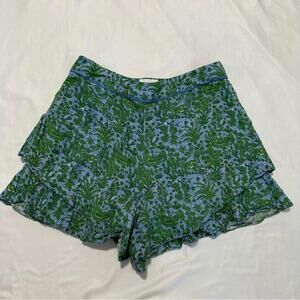 Anthropologie Simone Tiered Rayon Linen Shorts Green Botanical Print